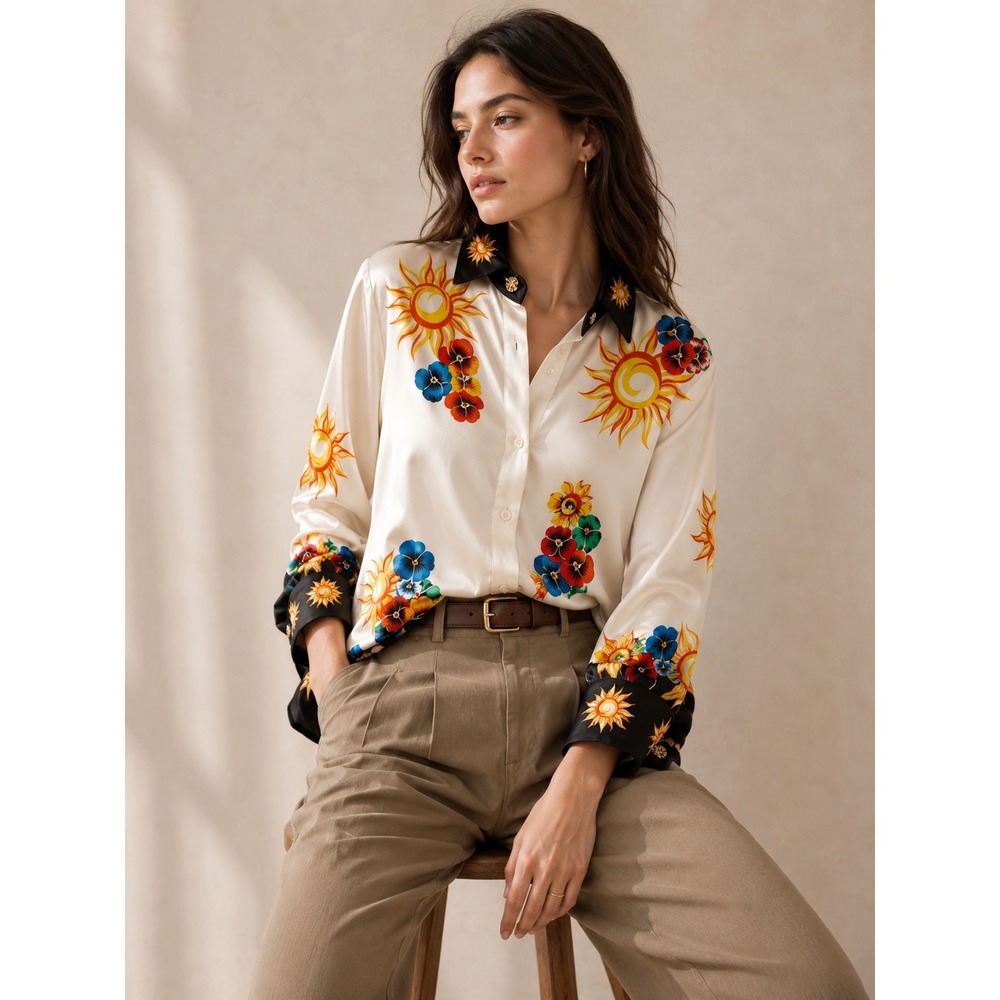 Escada Silk Button Up Blouse Cream Sun Print Floral Novelty Vintage Sz 38